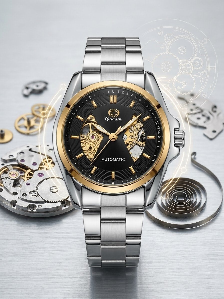 Montre automatique homme "Gucam" - Cadran squelette et doré, Bijoux, Sacs & Beauté, Enlèvement ou Envoi, Neuf, Argent