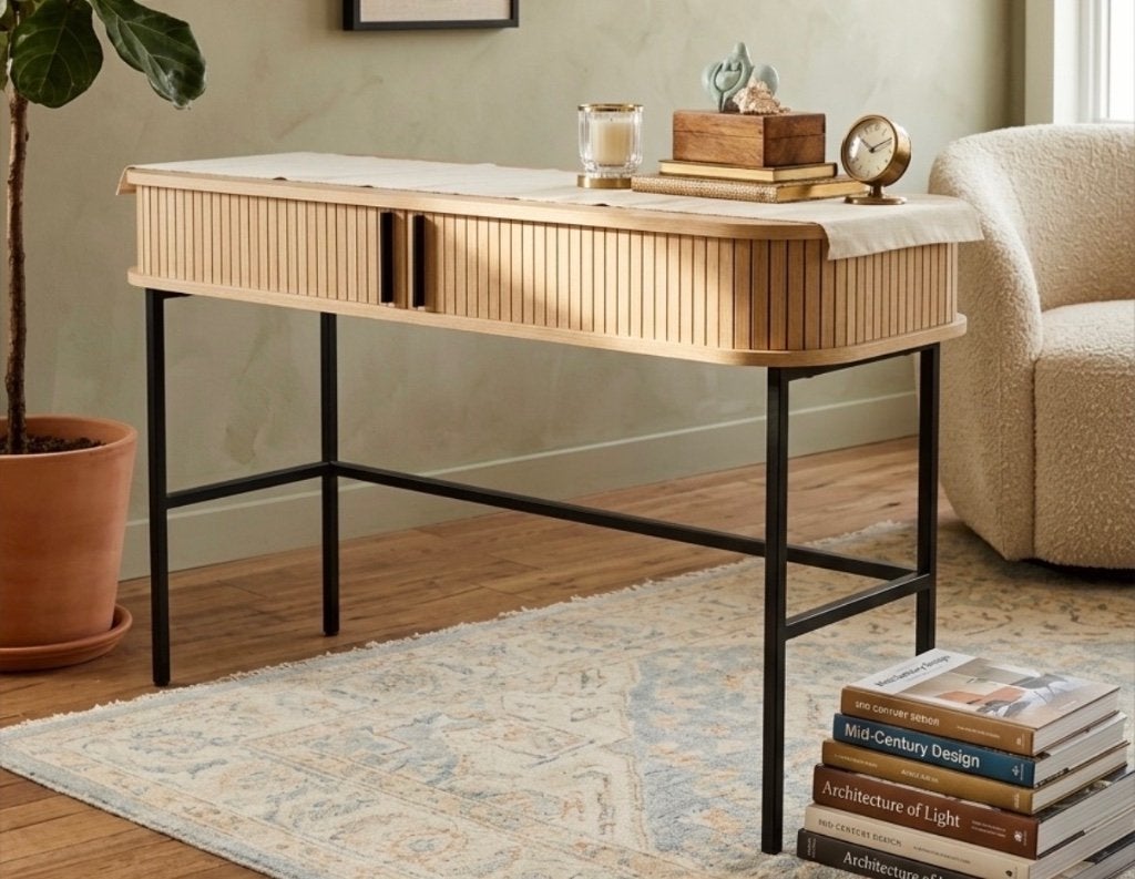 Scandinavisch houten bureau met opbergruimte, Maison & Meubles, Bureaux, Scandinave, Enlèvement, Espace de rangement