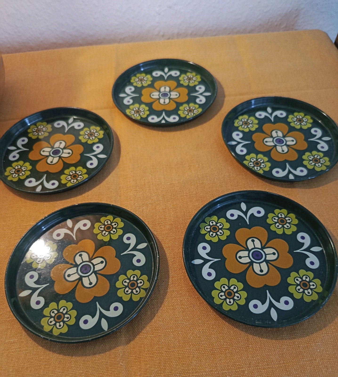 vintage -  5 sous-verre en métal, Gebruikt, Groen, Glasonderzetter, Stapelbaar