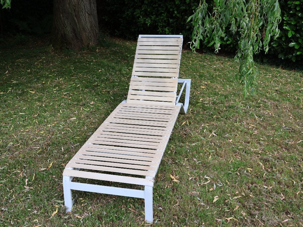 Aluminium loungestoel met PVC-lamellen, Ophalen, Gebruikt, Aluminium, Verstelbaar