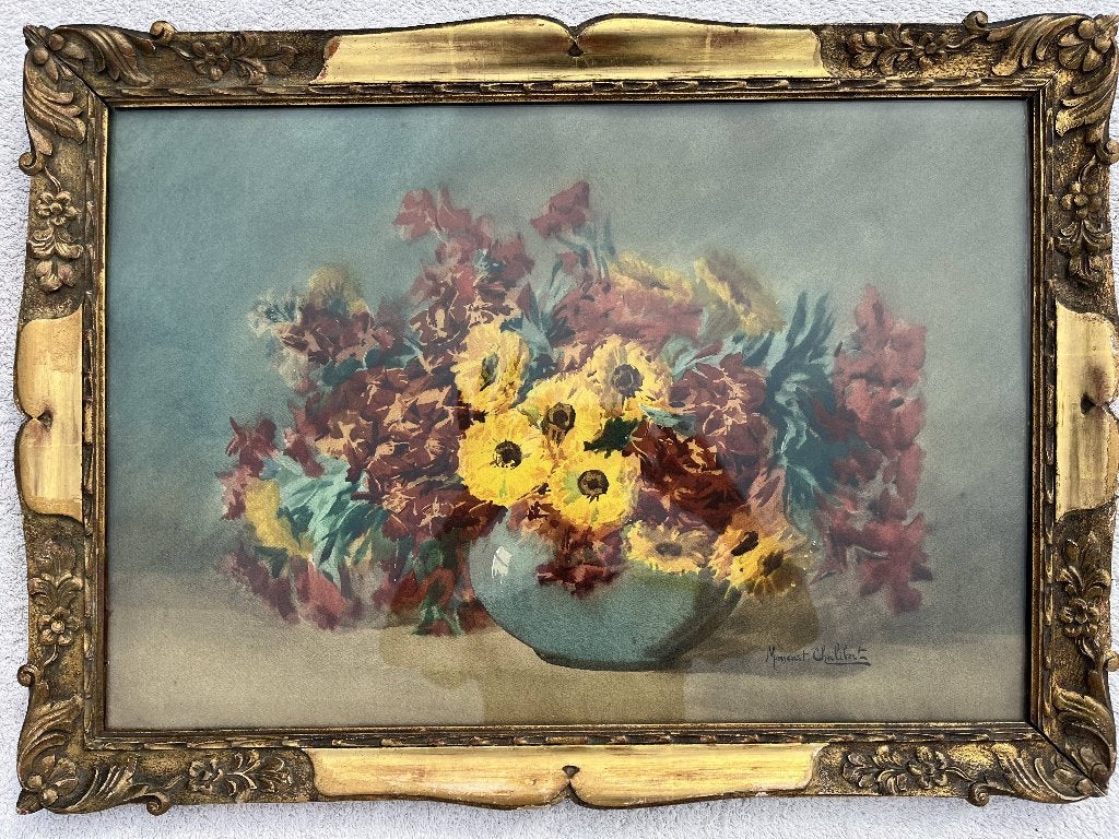 Oud schilderij - Originele aquarel van M. MASCART-CHALIBERT, Antiek en Kunst, Bloemen, Bijzondere lijst, Realistisch, Ophalen of Verzenden