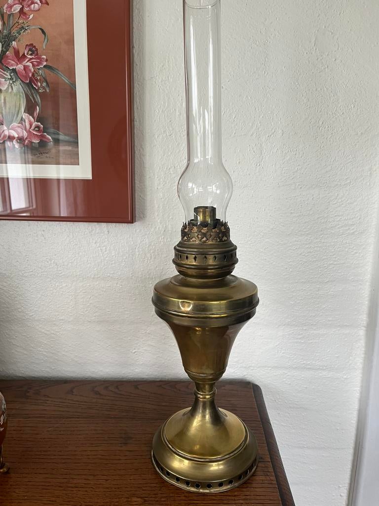 Lampe à huile en verre et laiton ancien, Antiquités & Art, Enlèvement