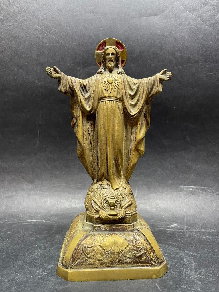 Statue ancienne en bronze d'un saint signée, Enlèvement ou Envoi, Bronze
