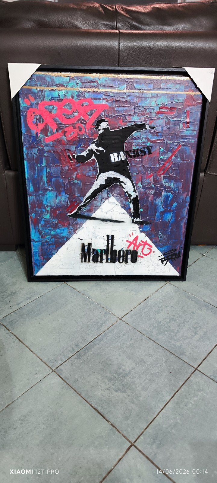 Cadre peint a la main Marlboro  street Art en relief neuf, Antiek en Kunst