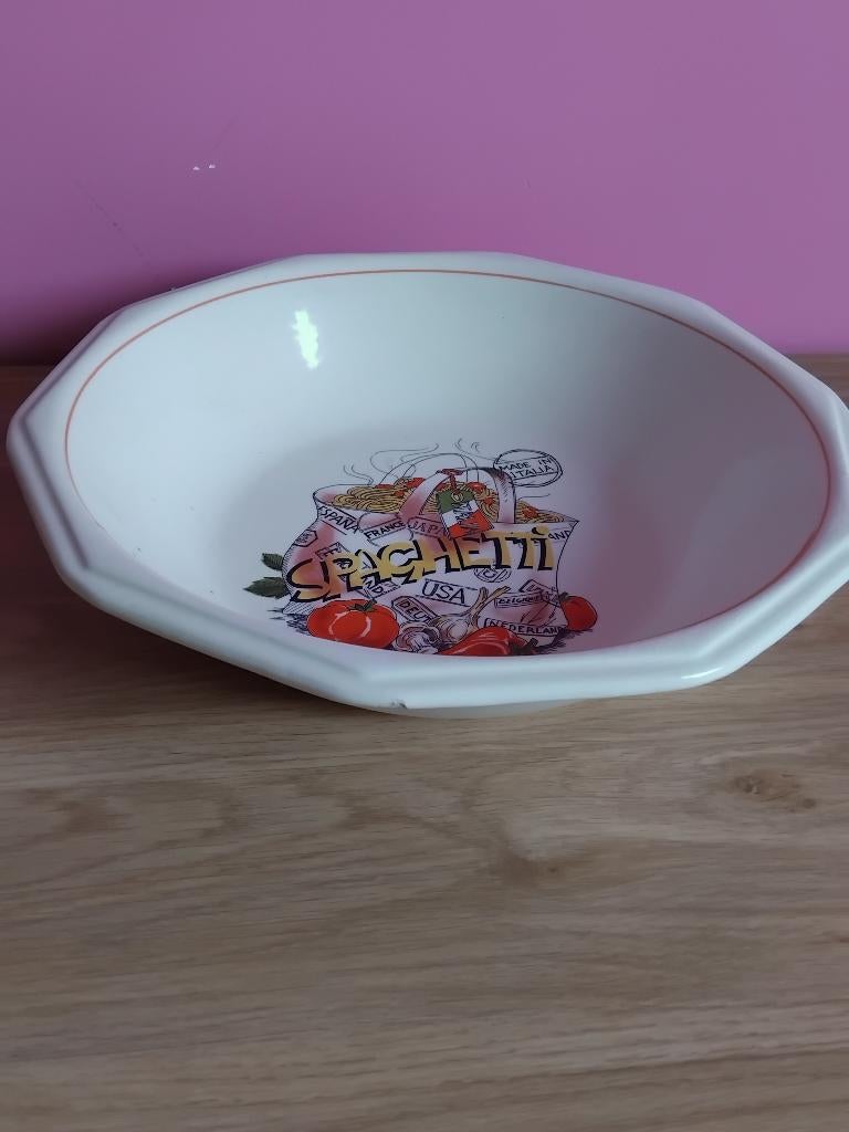 Vintage Achthoekige Spaghettikom – Kleurrijk Keramiek, Ophalen, Zo goed als nieuw, Keramiek, Kom(men)