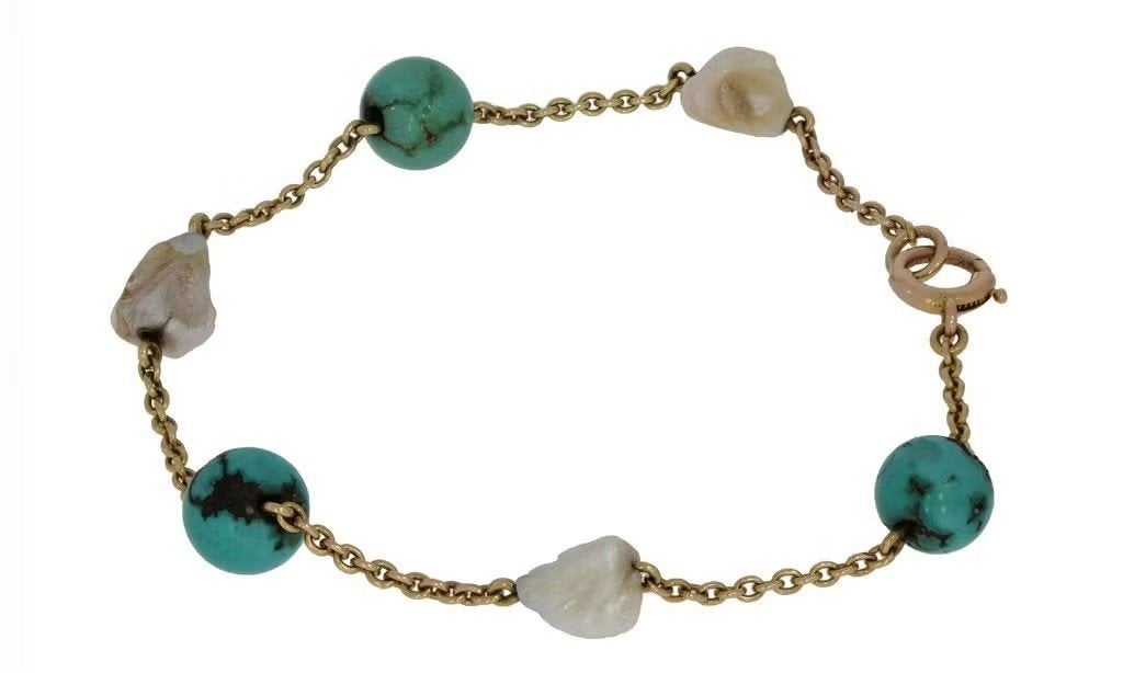Turkoois 14k gouden anker schakel armband edelsteen vintage, Ophalen of Verzenden, Zo goed als nieuw, Met edelsteen, Goud