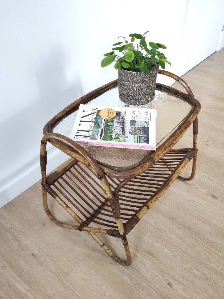 Vintage salontafel rotan/glas, Ophalen, Gebruikt, Glas, Vintage boho