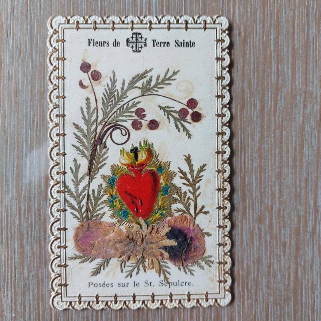 Oud bidprentje met bloemen uit het Heilig land., Verzamelen, Ophalen of Verzenden, Bidprentje