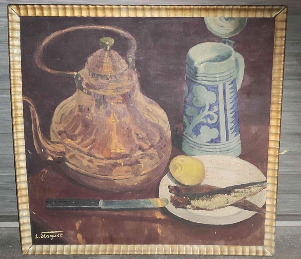 Huile sur toile nature morte signe Lucien staquet, Antiquités & Art, Enlèvement ou Envoi