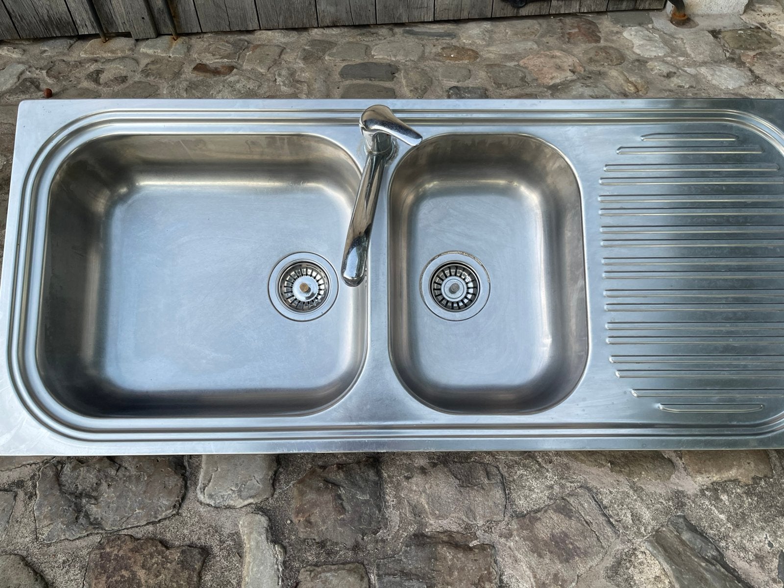 Dubbele spoeltafel inox, Huis en Inrichting, Gebruikt, 100 tot 150 cm, Grijs, 25 tot 50 cm