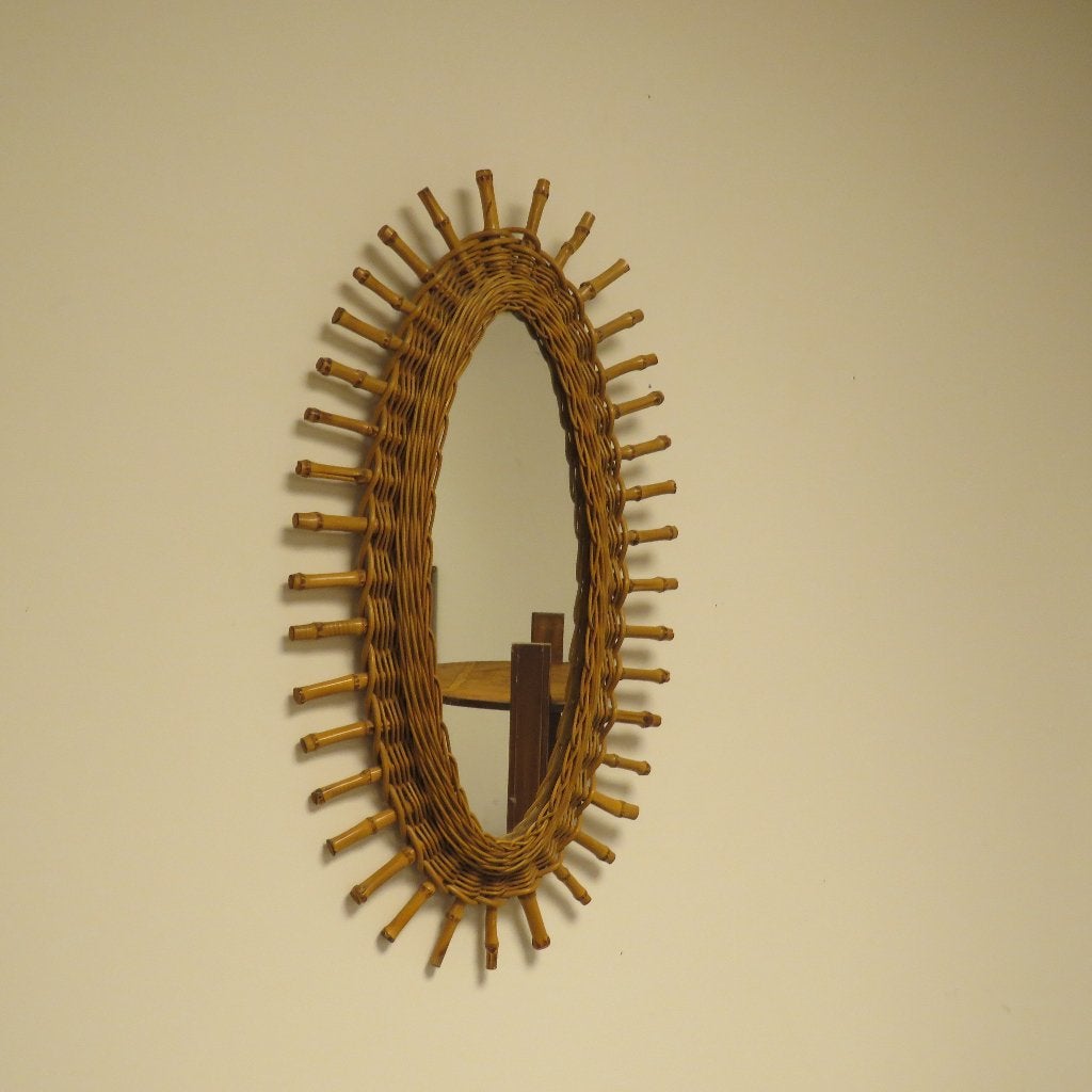 Vintage rotan spiegel ovaal jaren 60 stijl Franco Albini, Antiek en Kunst, Ophalen of Verzenden