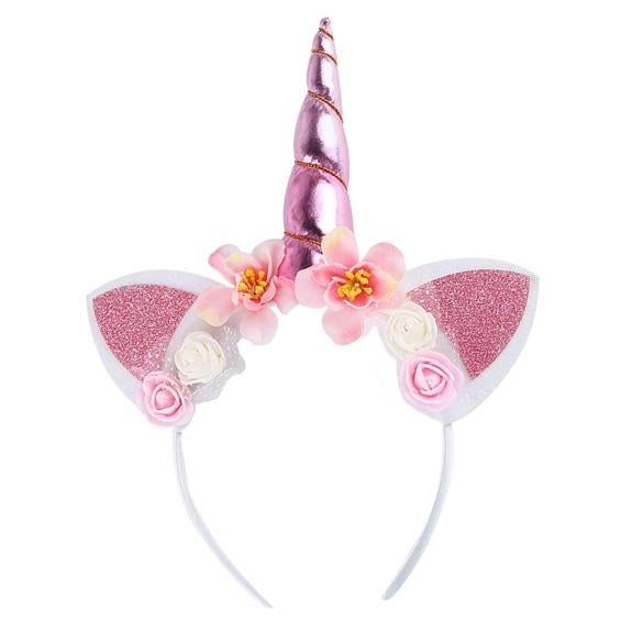 Carnaval unicorn diadeem hoorntje roze met oortjes en bloeme, Verzenden, Nieuw