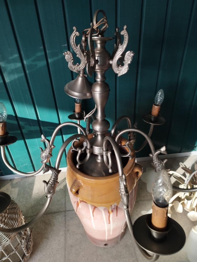 Ijzeren hangluster hoogte 62 cm breedte 80 cm 6 lampen, Ophalen, Gebruikt, Overige materialen, Vintage