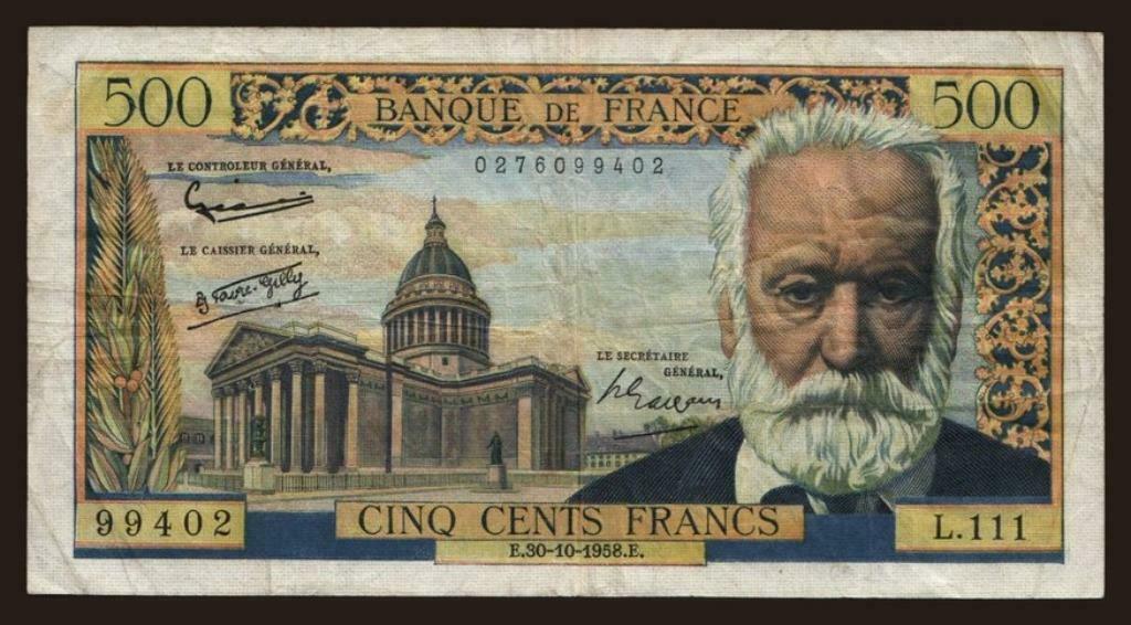 Bankbiljet 500 Frank Frankrijk 30.10.58 Victor Hugo, Ophalen of Verzenden, Frankrijk, Los biljet