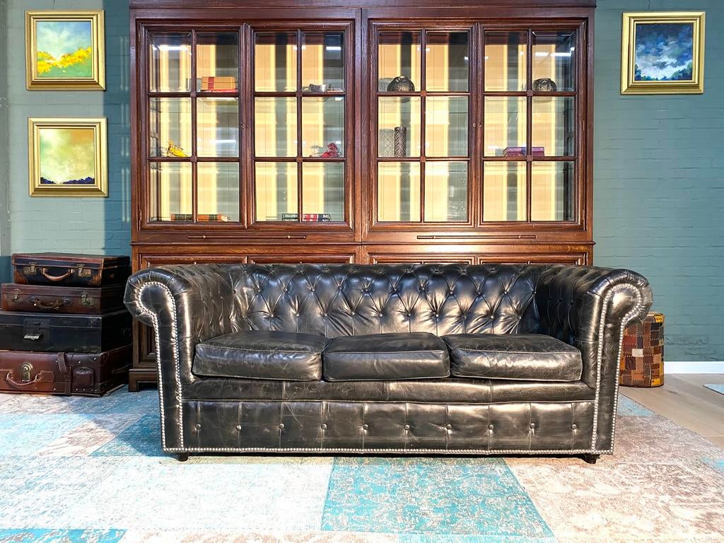 Stoere Chesterfield zetel vintage zwart GRATIS GELEVERD, Enlèvement ou Envoi, Comme neuf, Cuir