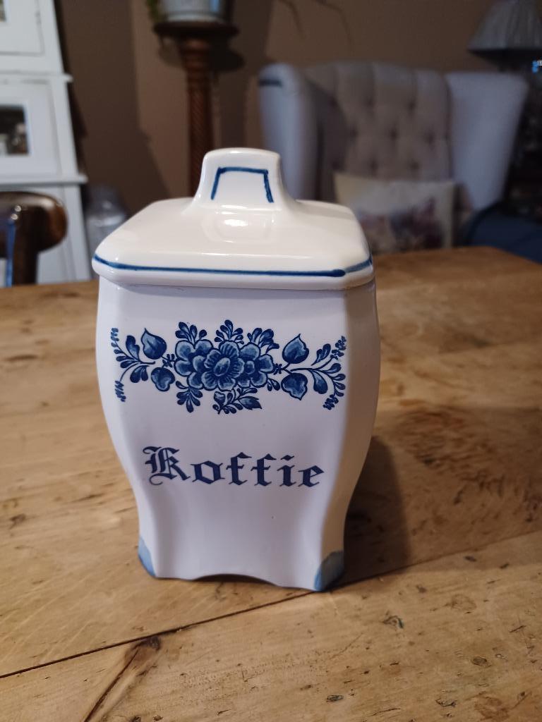 Voorraadpot KOFFIE blauw bloemmotief, Ophalen of Verzenden