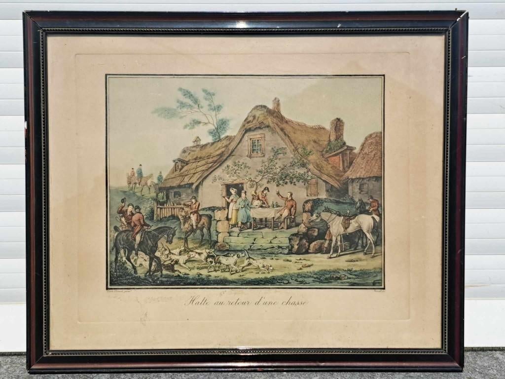 gravure halte au retour d une chasse par cal vernet, Ophalen of Verzenden