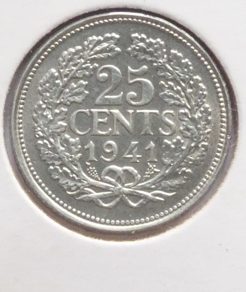 Nederlandse munt van 25 cent 1941 - Zilver, Zilver, 25 cent, Ophalen of Verzenden, Koningin Wilhelmina