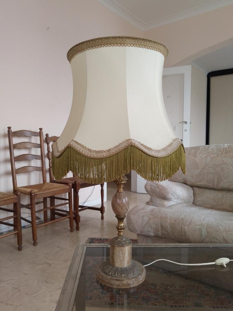 Klassieke lamp van messing en marmer met kap met franjes, Ophalen, Gebruikt, Beige