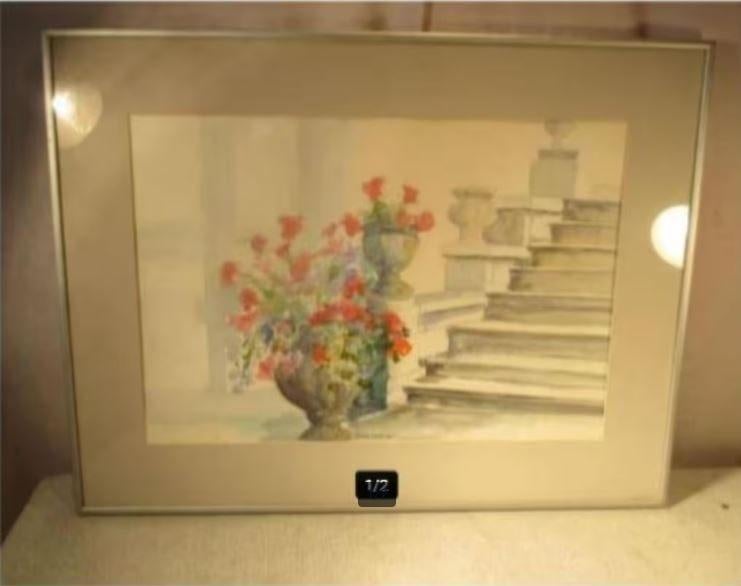 Mooi geschilderd Aquarel 'Bloemen bij Trap' - Erica Oort, Antiek en Kunst, Ophalen of Verzenden