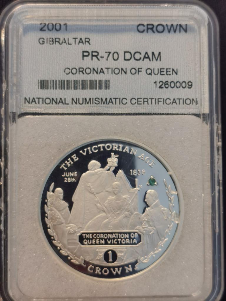 Gibraltar,1Crown 2001,PR-70DCAM,emerald green gemstone.., Enlèvement ou Envoi, Autres pays, Monnaie en vrac, Argent