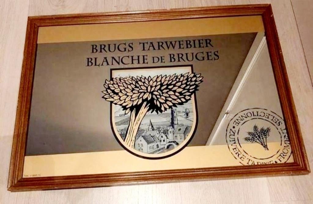 Brugs Tarwebier/Spiegel in houten kader, Verzamelen, Biermerken, Ophalen, Zo goed als nieuw, Reclamebord, Plaat of Schild, Overige merken