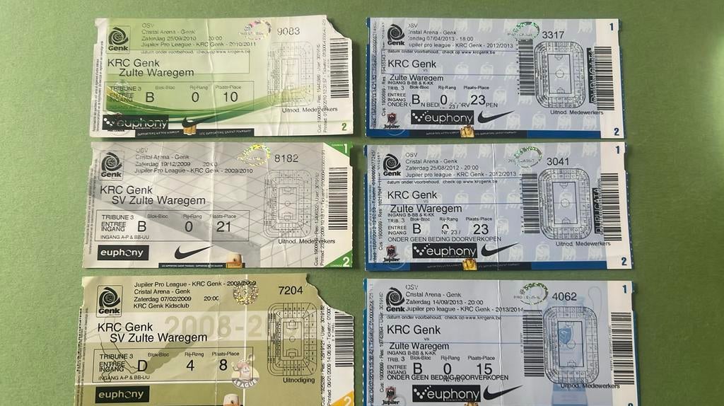 6 kaartjes RC Genk - Zulte Waregem 2009 2010 2012 2013, Verzamelen, Verzenden, Gebruikt