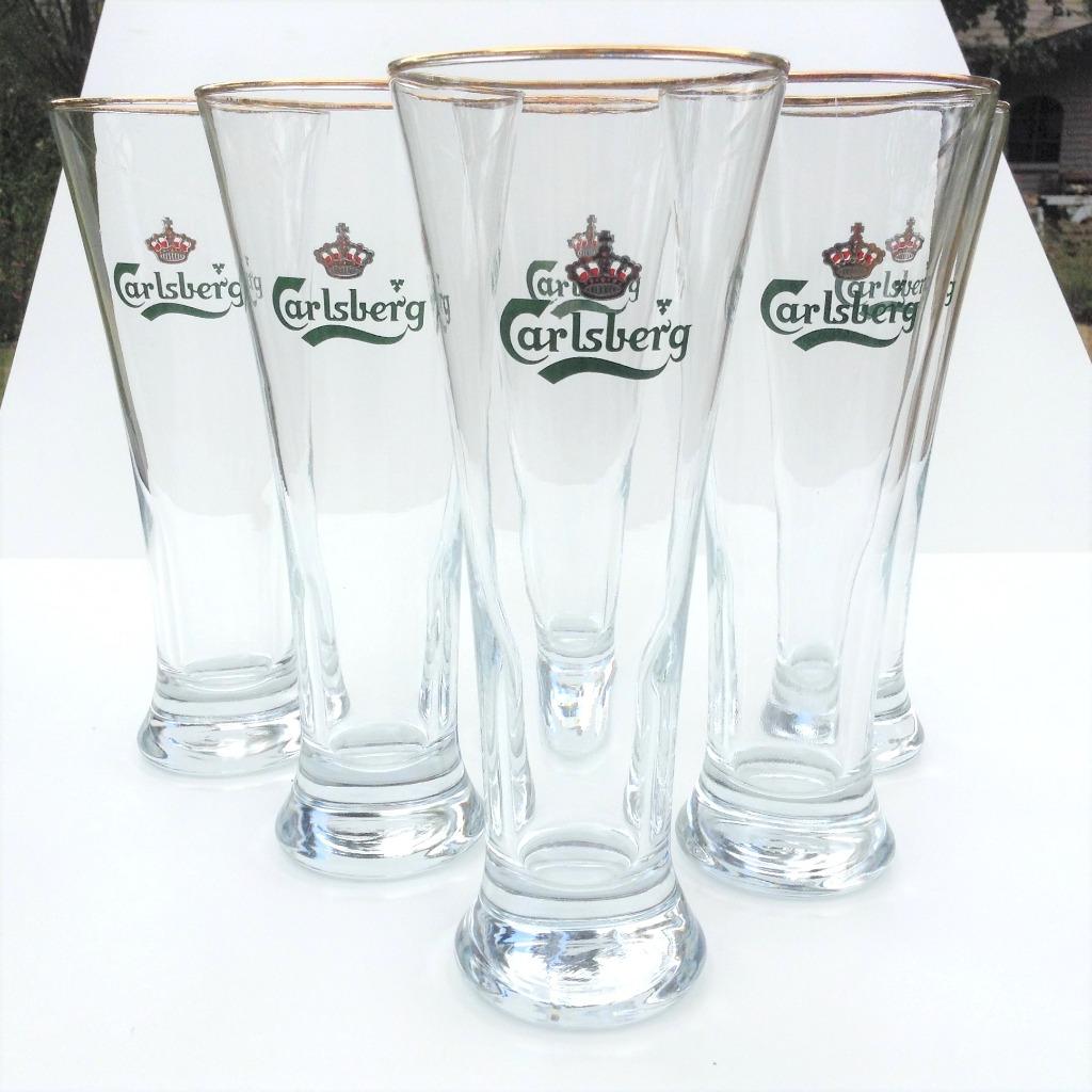 6 verres à bière Carlsberg 33cl, logo vert, bordure dorée, Enlèvement ou Envoi, Comme neuf, Verre à bière