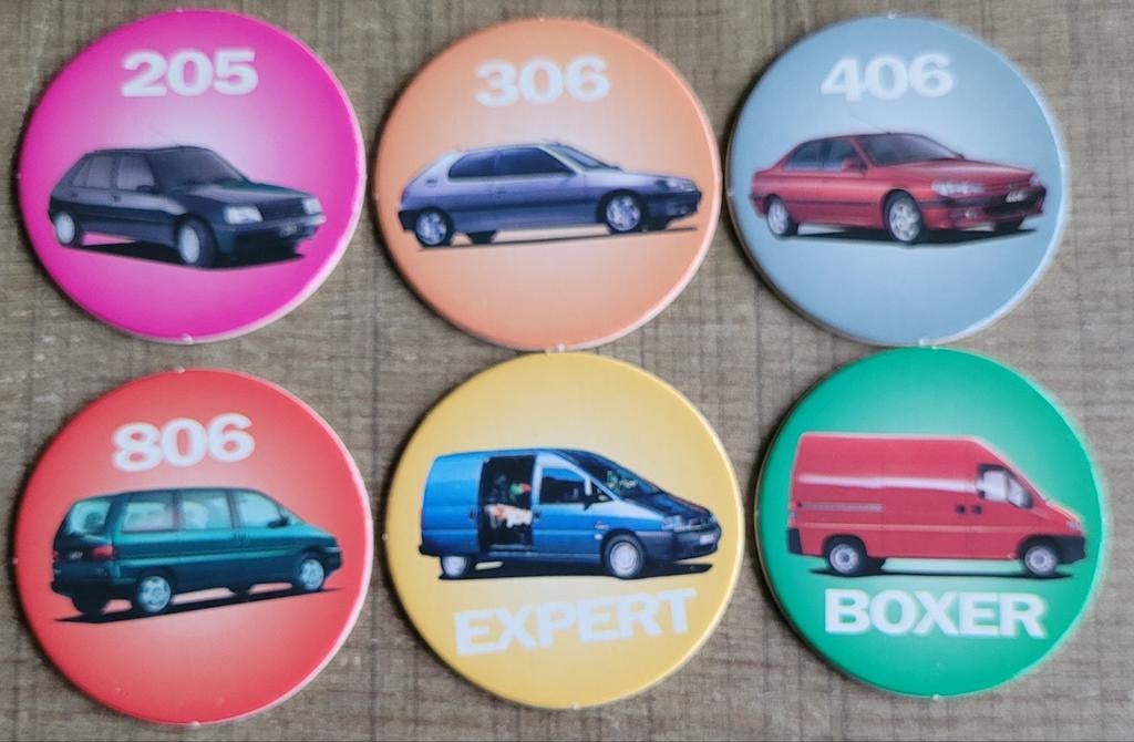 Peugeot: 8 flippo's/ POG's, Ophalen of Verzenden, Zo goed als nieuw, Auto's