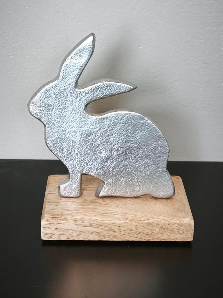 Lapin en métal argenté sur socle en bois, Enlèvement ou Envoi, Neuf