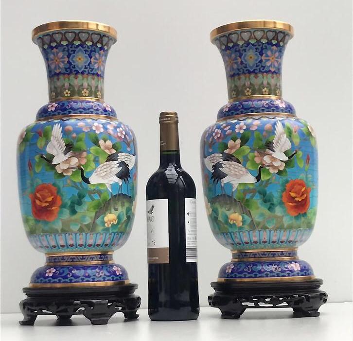 Retro vazen cloisonne emaille  kraanvogels 43 cm (chinees), Ophalen of Verzenden