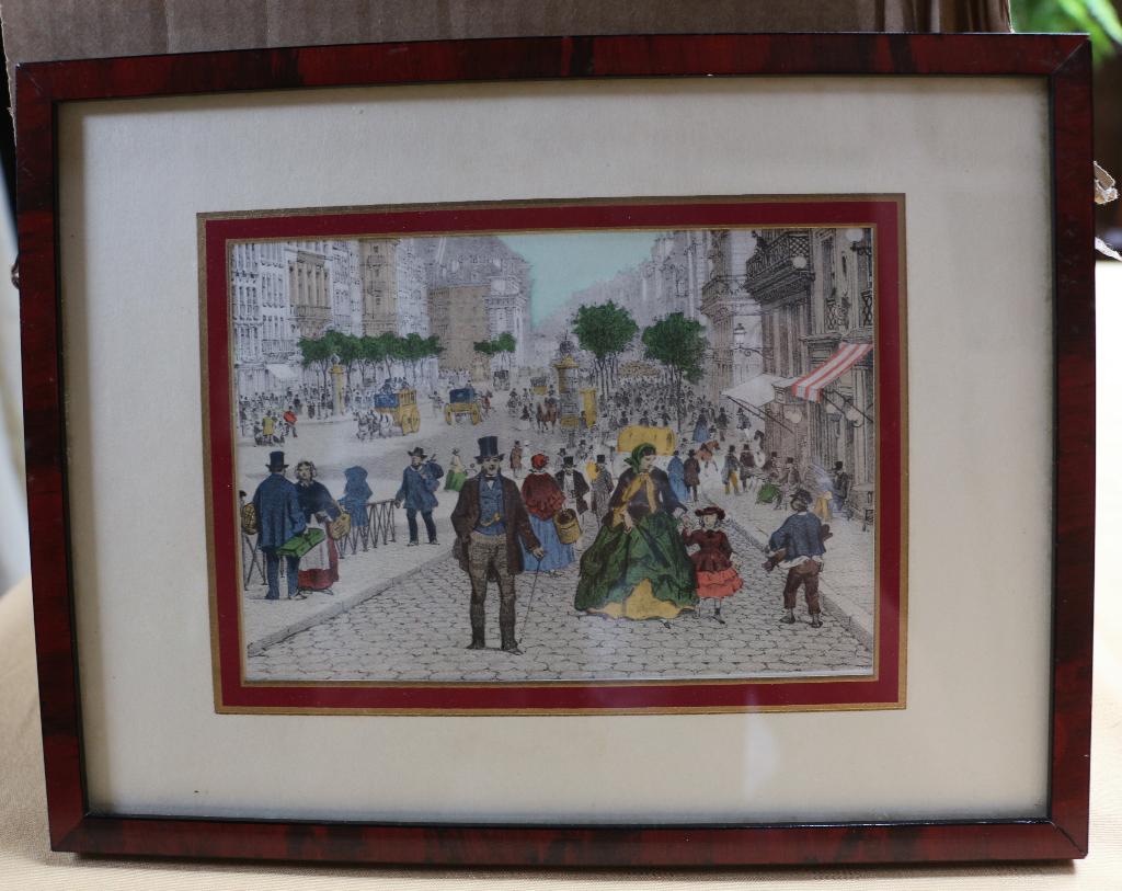 antieke hand ingekleurde ets of litho, scène uit 19de E, Ophalen of Verzenden