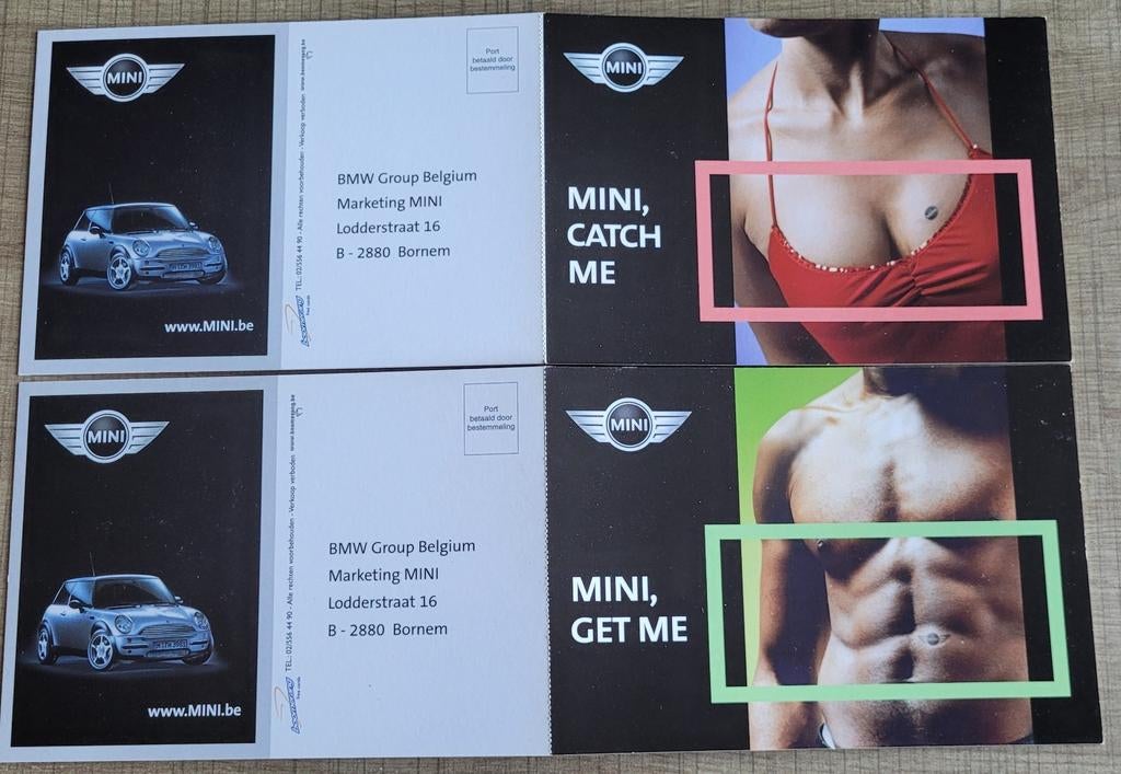 2 dubbele reclamekaarten/ postkaarten: automerk Mini, Verzamelen, Postkaarten | Themakaarten, Ophalen of Verzenden, 1980 tot heden