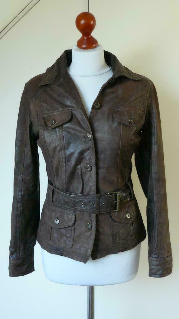 Bruin leren getailleerde jas met losse riem, maat 36, Kleding | Dames, Ophalen of Verzenden, Zo goed als nieuw, Maat 36 (S), Bruin
