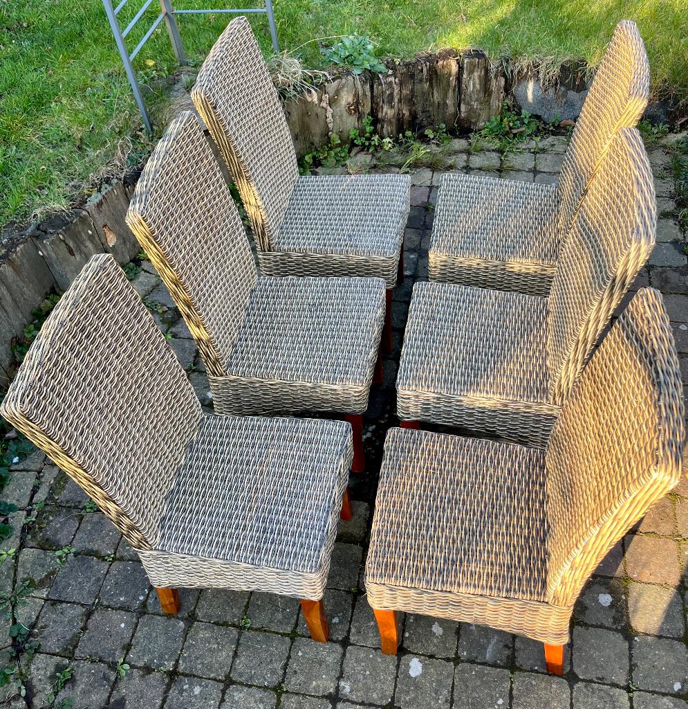 6 eetkamer stoelen in hout en rotan, Huis en Inrichting, Stoelen, Ophalen, Bruin, Hout, Zo goed als nieuw