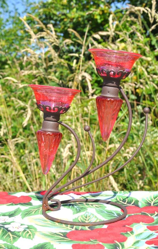 double bougeoir photophore rouge sur pied metal, Enlèvement ou Envoi, Comme neuf, Rouge