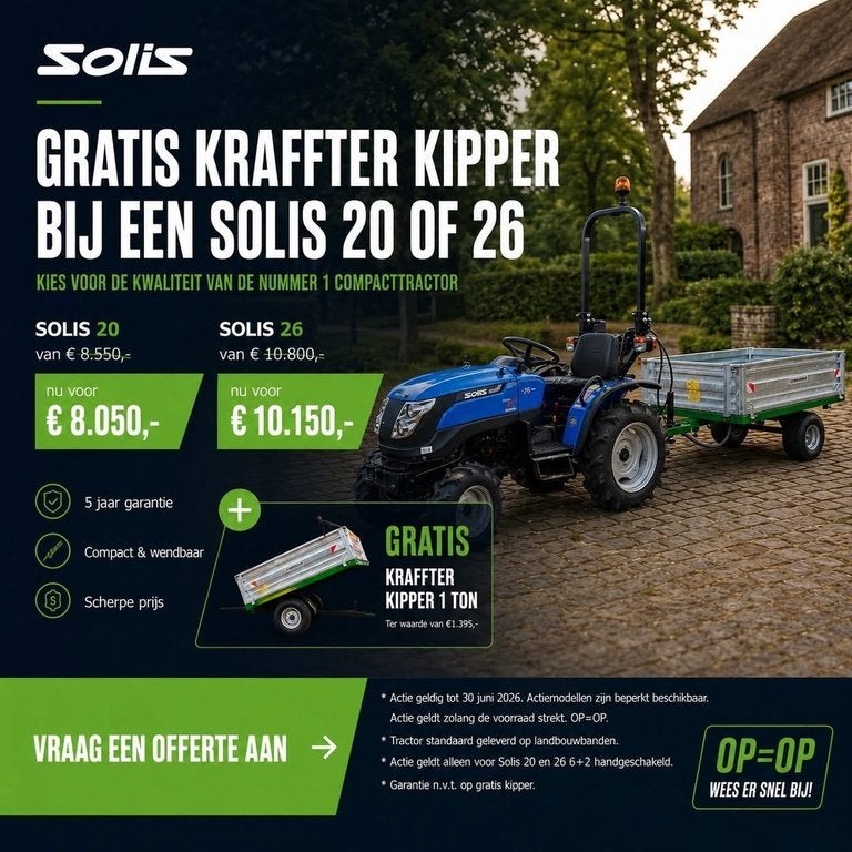 Solis 20 - 26 schakel minitractor ACTIE gratis KIPPER, Nieuw, Overige merken, Tot 2500