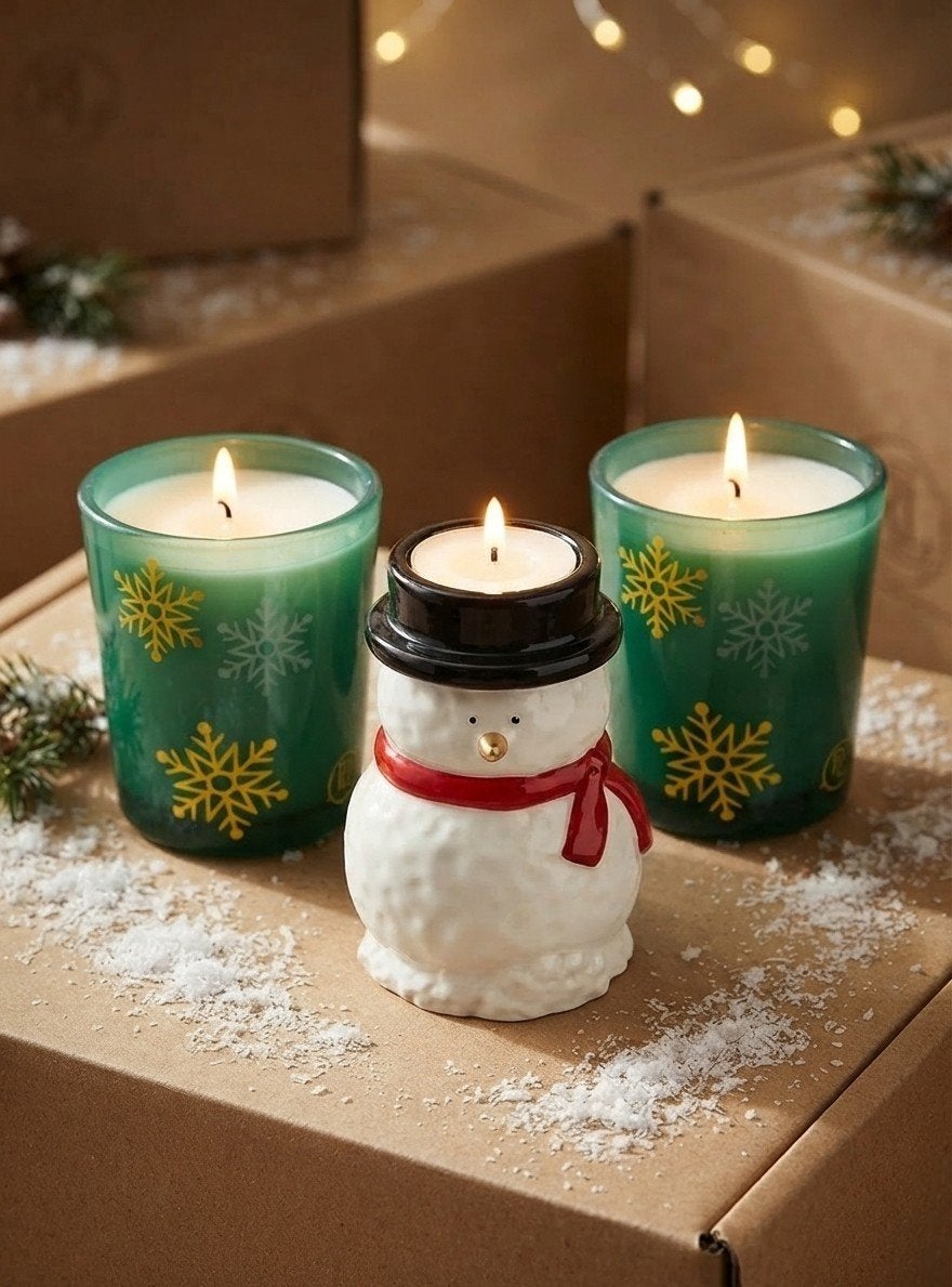 PartyLite Kerst Nieuw 3 stuks decoratie sneeuwman theelicht, Ophalen of Verzenden, Nieuw