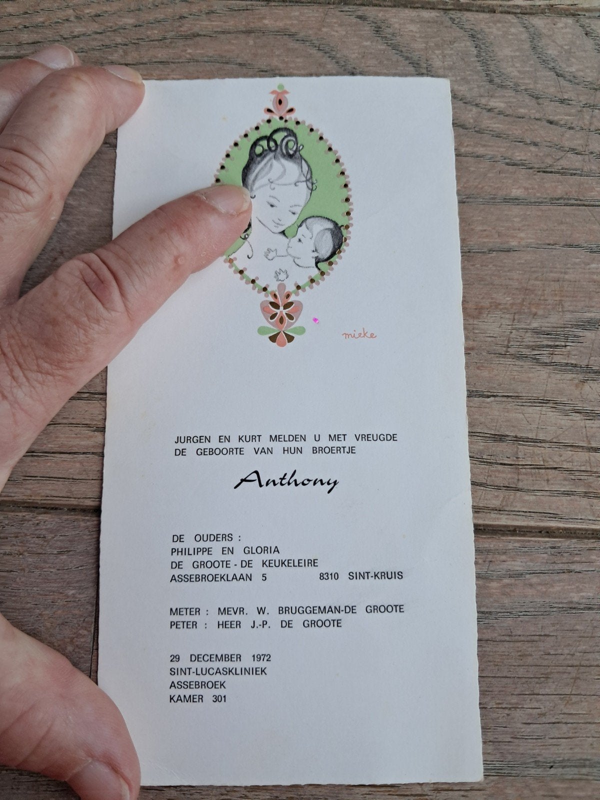 Retro geboortekaartje 1972, Anthony De Groote, Sint-Kruis, Ophalen of Verzenden