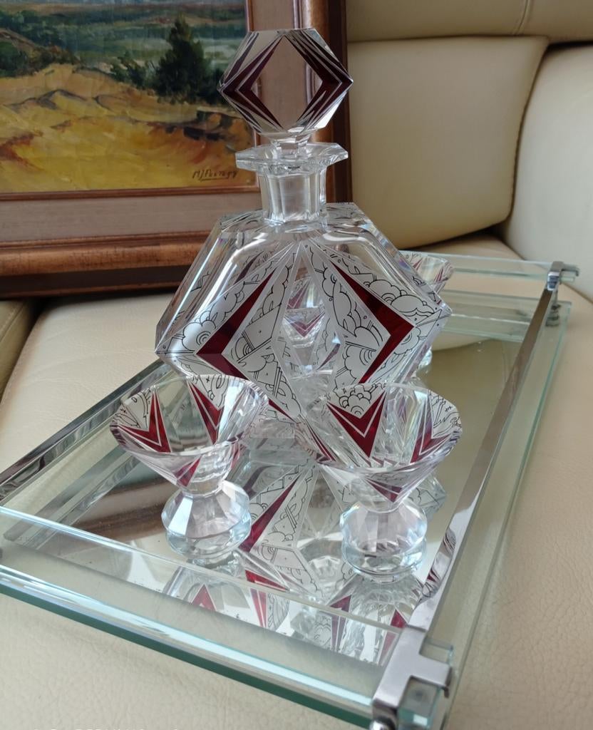 Rare carafe et 5 verres Karl Palda art déco 1930 circa, Antiek en Kunst, Ophalen of Verzenden