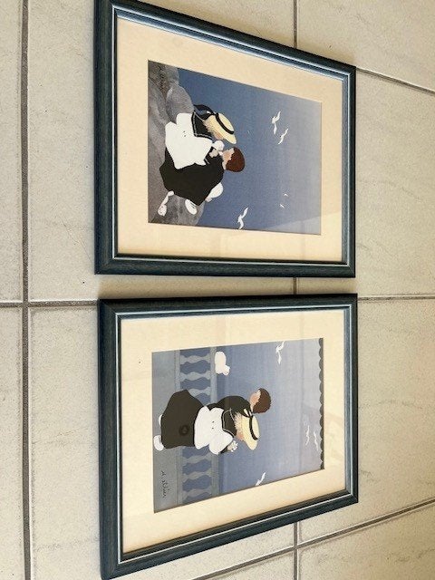 4 x INGELIJSTE TEKENING met speels, schattig thema, Achter glas, Hout, Nieuw, Blauw