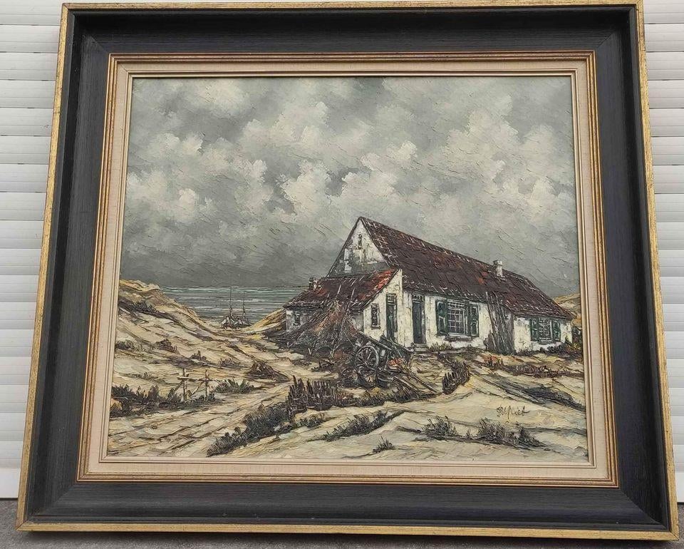 Huile sur toile maison au bord de mer signe plefiet, Enlèvement