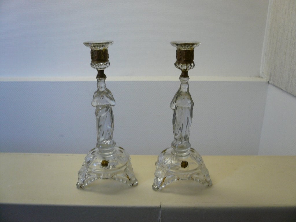 Antieke kandelaars van Val Saint Lambert, Maria en Jezus, Ophalen, Kristal