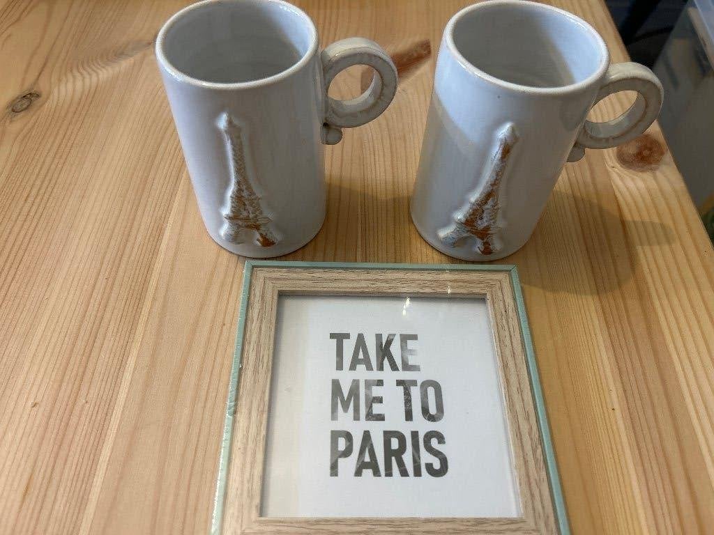 Set 2 tassen keramiek Parijs en fotokader, Maison & Meubles, Enlèvement, Neuf, Céramique, Mug