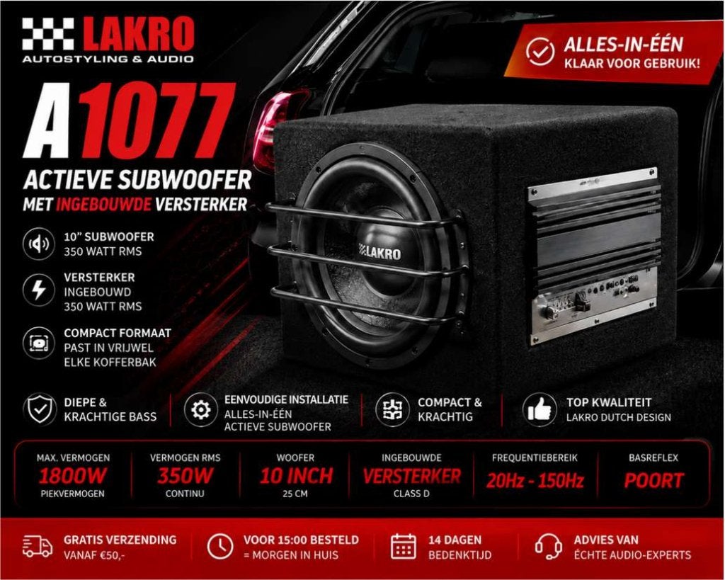 A1077 - Actieve subwoofer - Lakro - 10 inch - 350 watt RMS, Autos : Divers, Haut-parleurs voiture, Neuf, Enlèvement ou Envoi, Lakro
