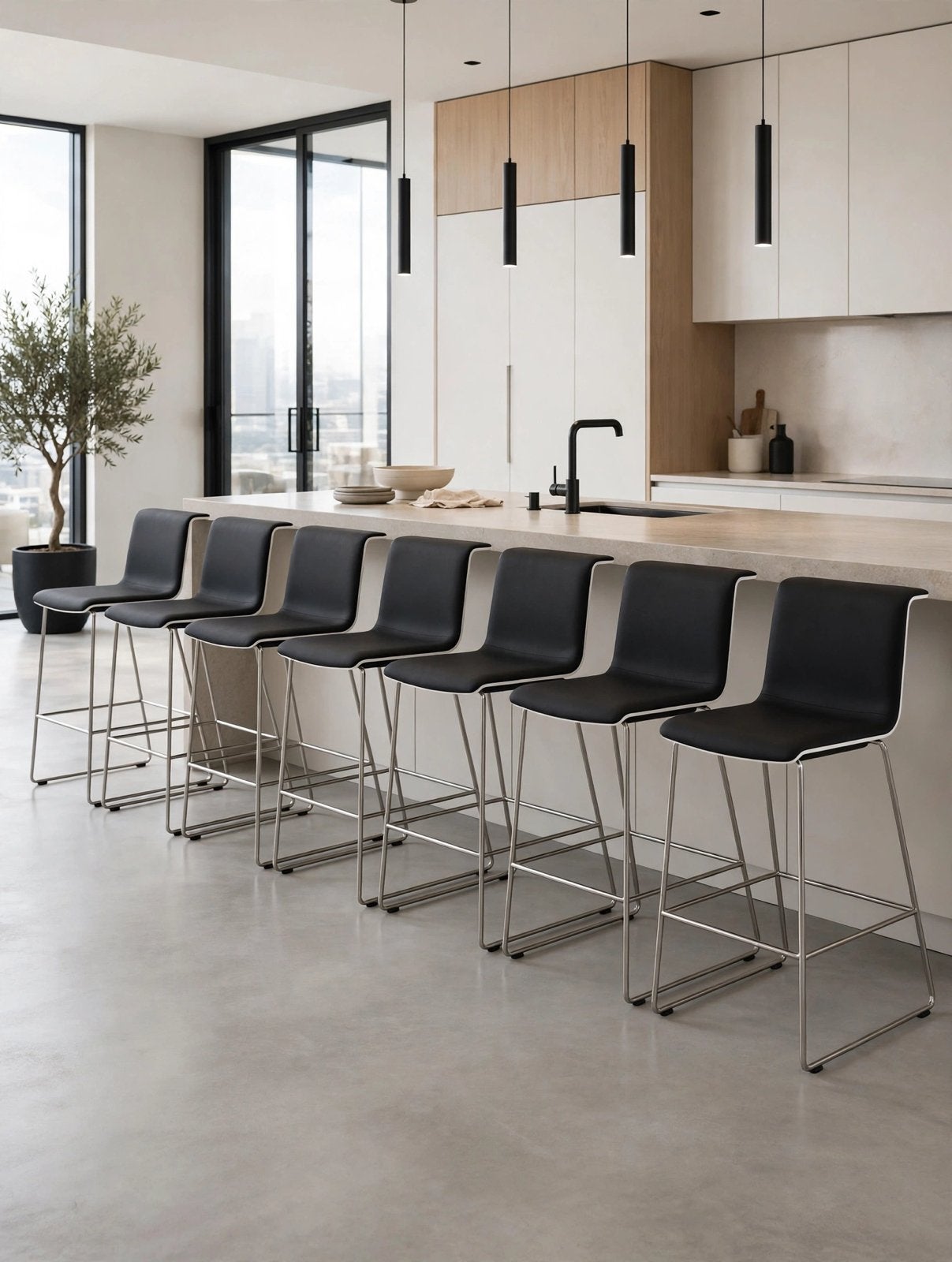 Lot de 8 tabourets de bar design en similicuir noir, 5 tabourets ou plus, Enlèvement, Comme neuf, 60 à 90 cm