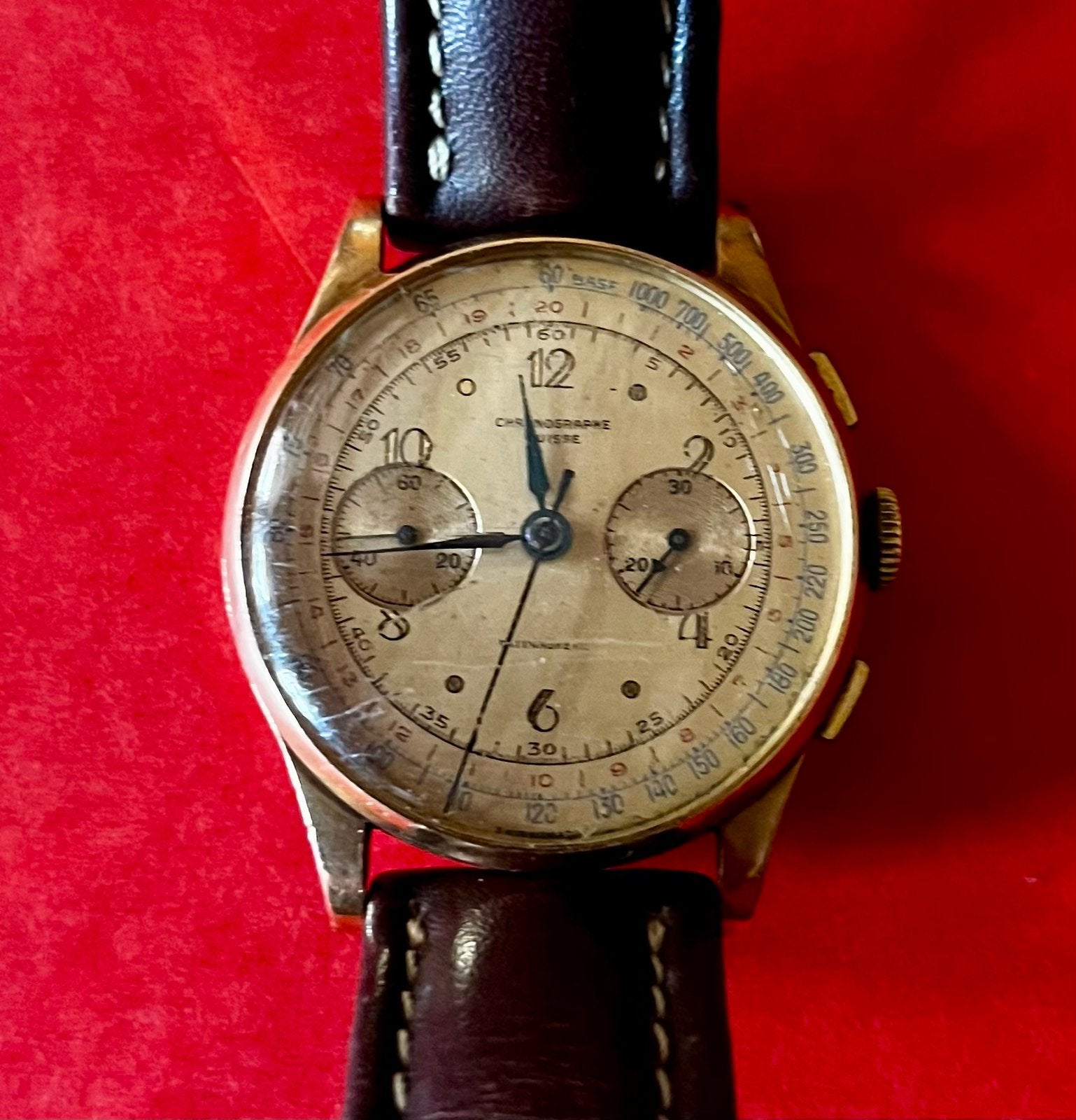 Chronographe Suisse 18 carats, Enlèvement ou Envoi, Utilisé, Or, Montre-bracelet