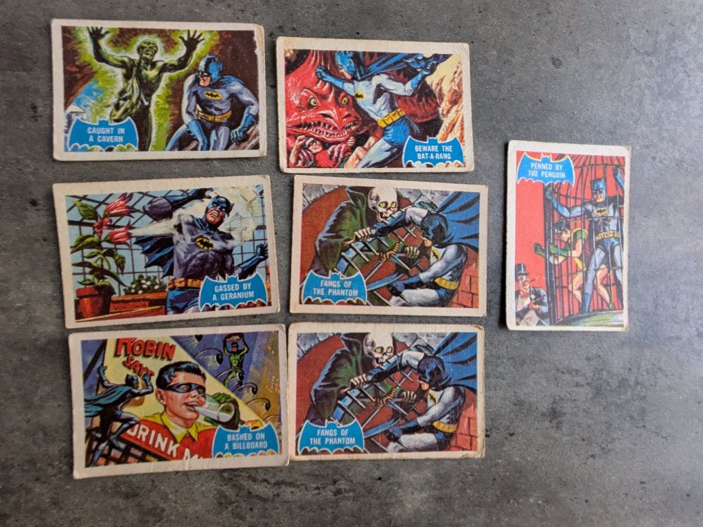 BATMAN BLUE BAT UITGAVE SIXTIES 7X CARDS PLAATJES 60S, Verzenden