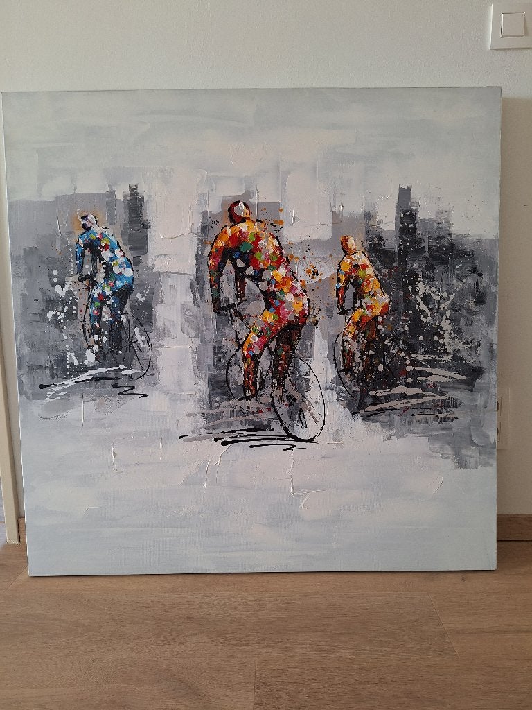 Groot, kleurrijk abstract canvasdoek met wielrenners v, Ophalen