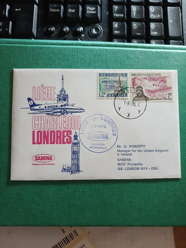 Brief van Sabena Liege London, Postzegels en Munten, Luchtvaart, Met envelop, Ophalen of Verzenden, Gestempeld